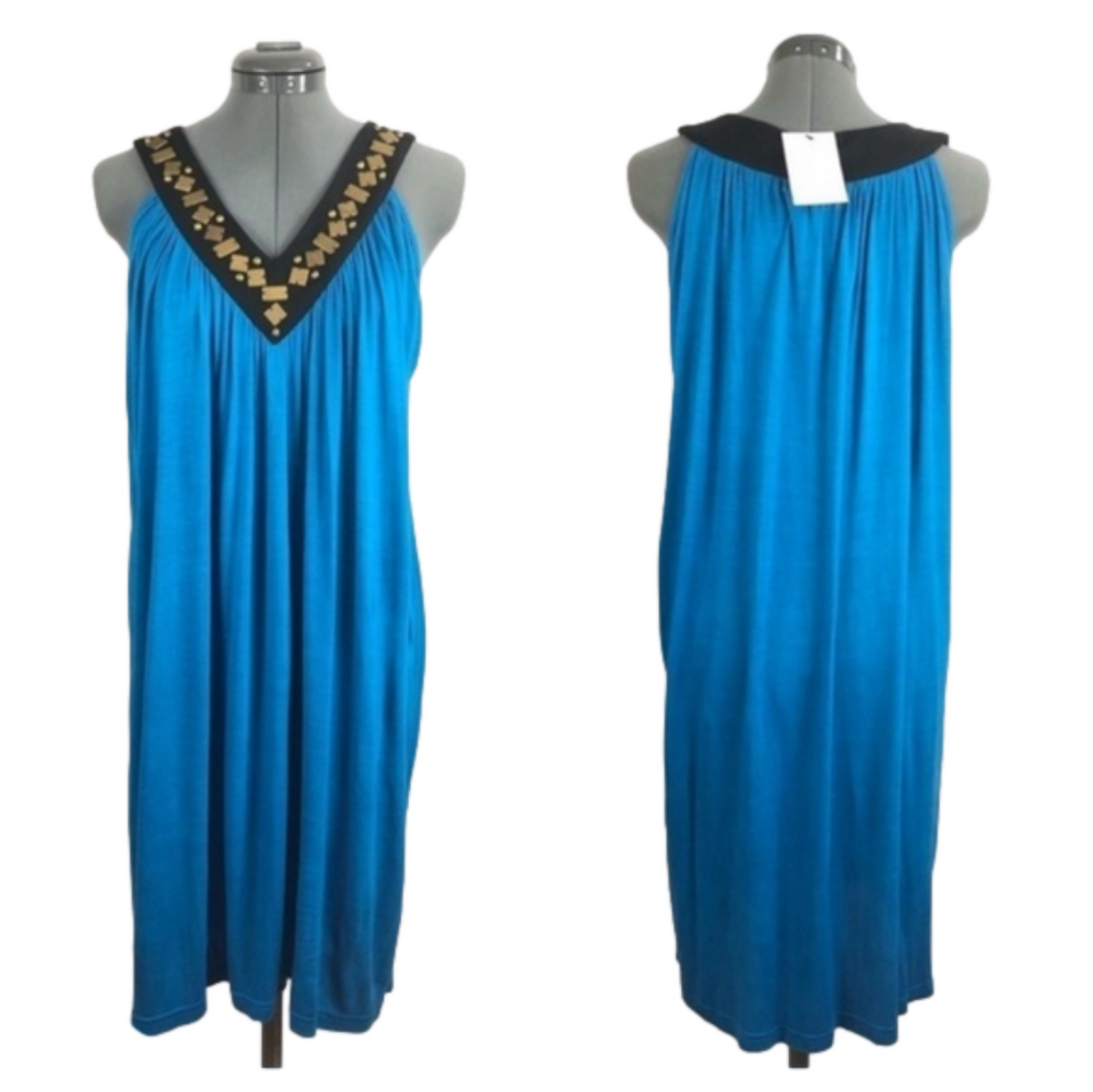 AVANTI Turquoise V-Neck Shift Dress with Bronze Accent Front. Size S. NWT!